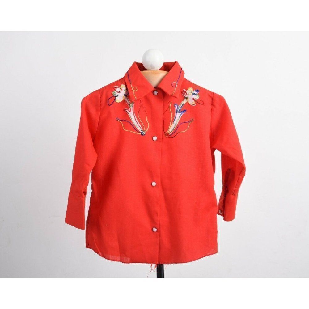Vintage Sears Kids Western Shirt Blouse Pearl Snap Embroidered 4 Red Long Sleeve